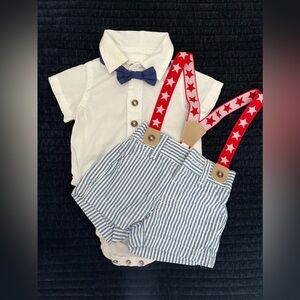 Cat & Jack Red White & Blue outfit with suspenders NB